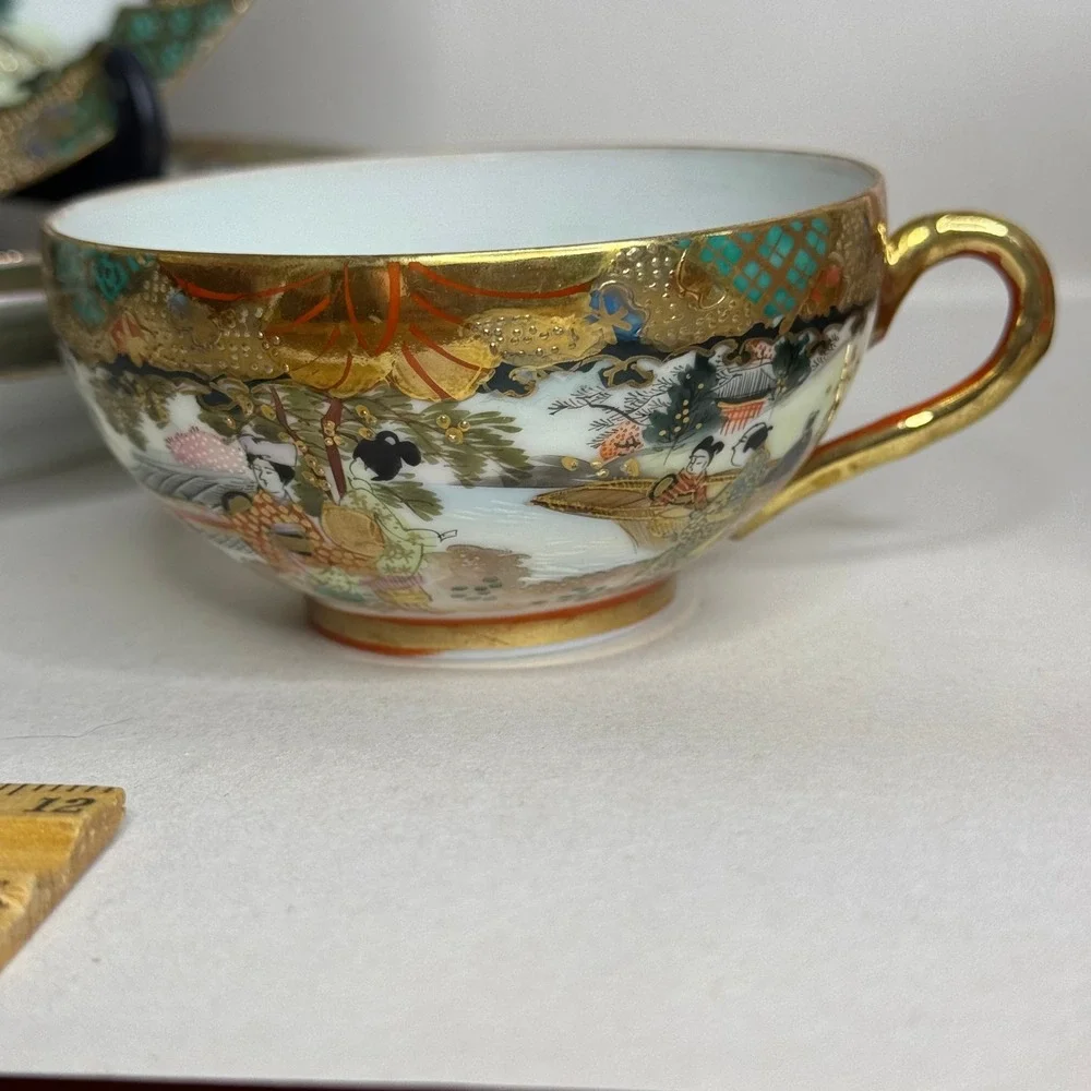 Vintage 5-Pc Kutani Japanese Eggshell Porcelain Teacup & Bread‎ Plates Gold Gilt